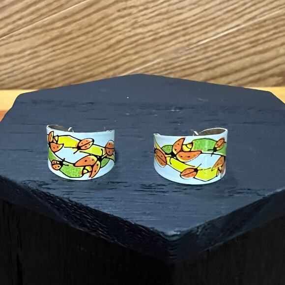 Vintage Set 1970's LadyBug Earrings Thin Metal Small Hoop Art Deco Style - Picture 2 of 8